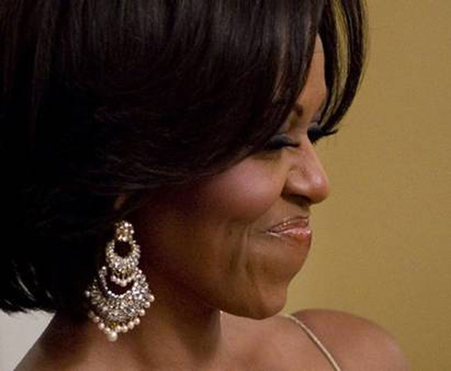 Miriam Haskell Gold Chandelier Earrings with Glass Pearls Worn by First Lady Michelle Obama