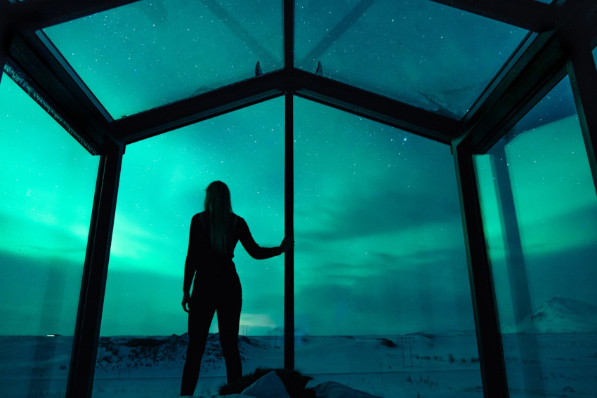 Panorama Glass Lodge at night - Iceland